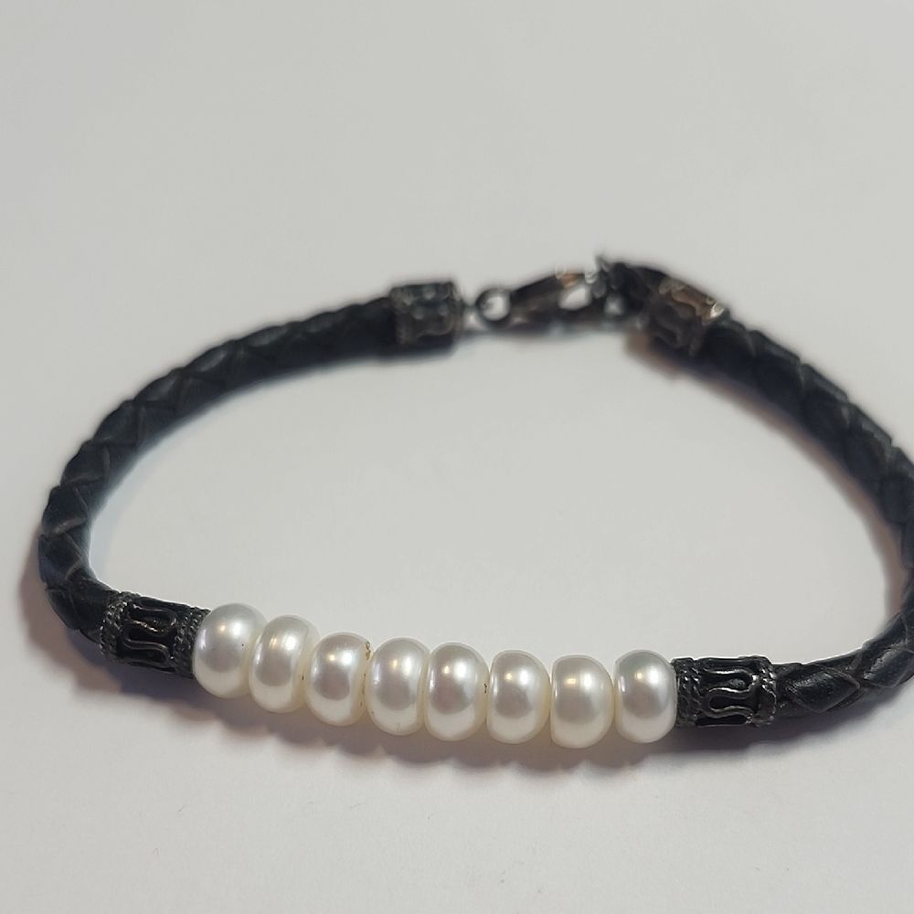 IWI Jewelers Cultured Pearl / Sterling Silver Braided Leather Band Bracelet 6.5"